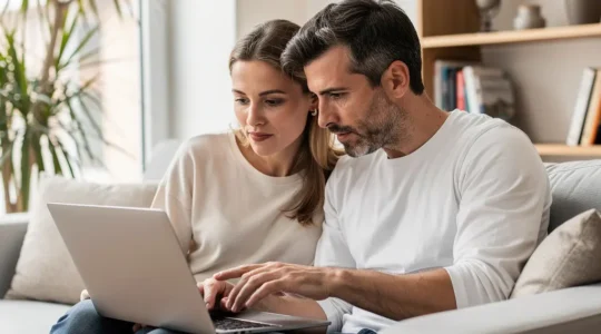 Couple français analysant une simulation de crédit immobilier sur ordinateur portable