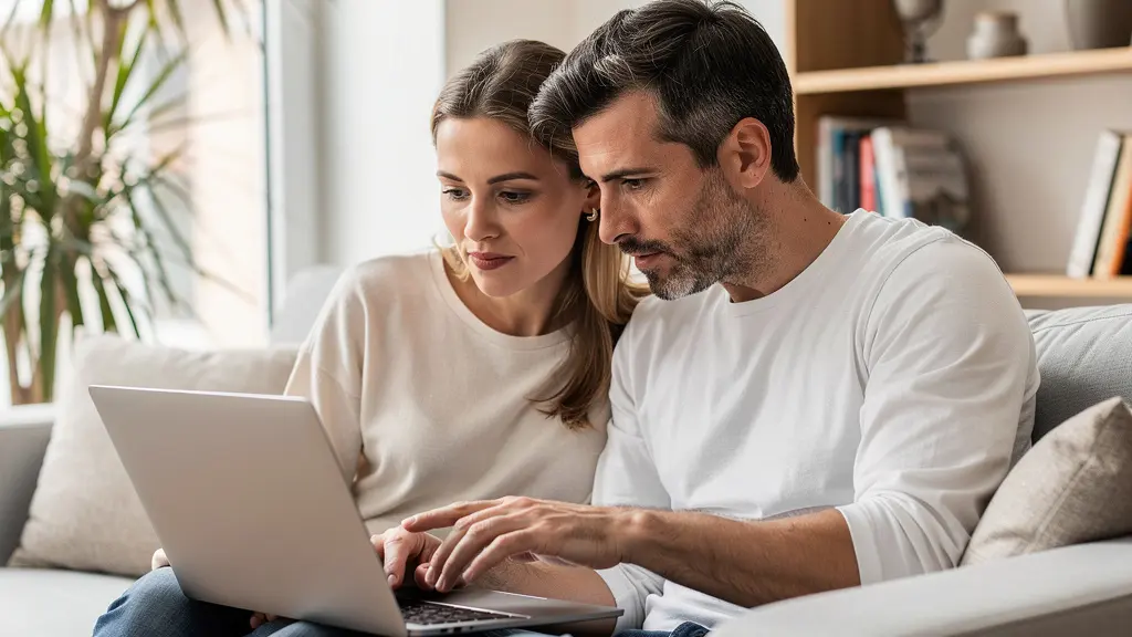 Couple français analysant une simulation de crédit immobilier sur ordinateur portable